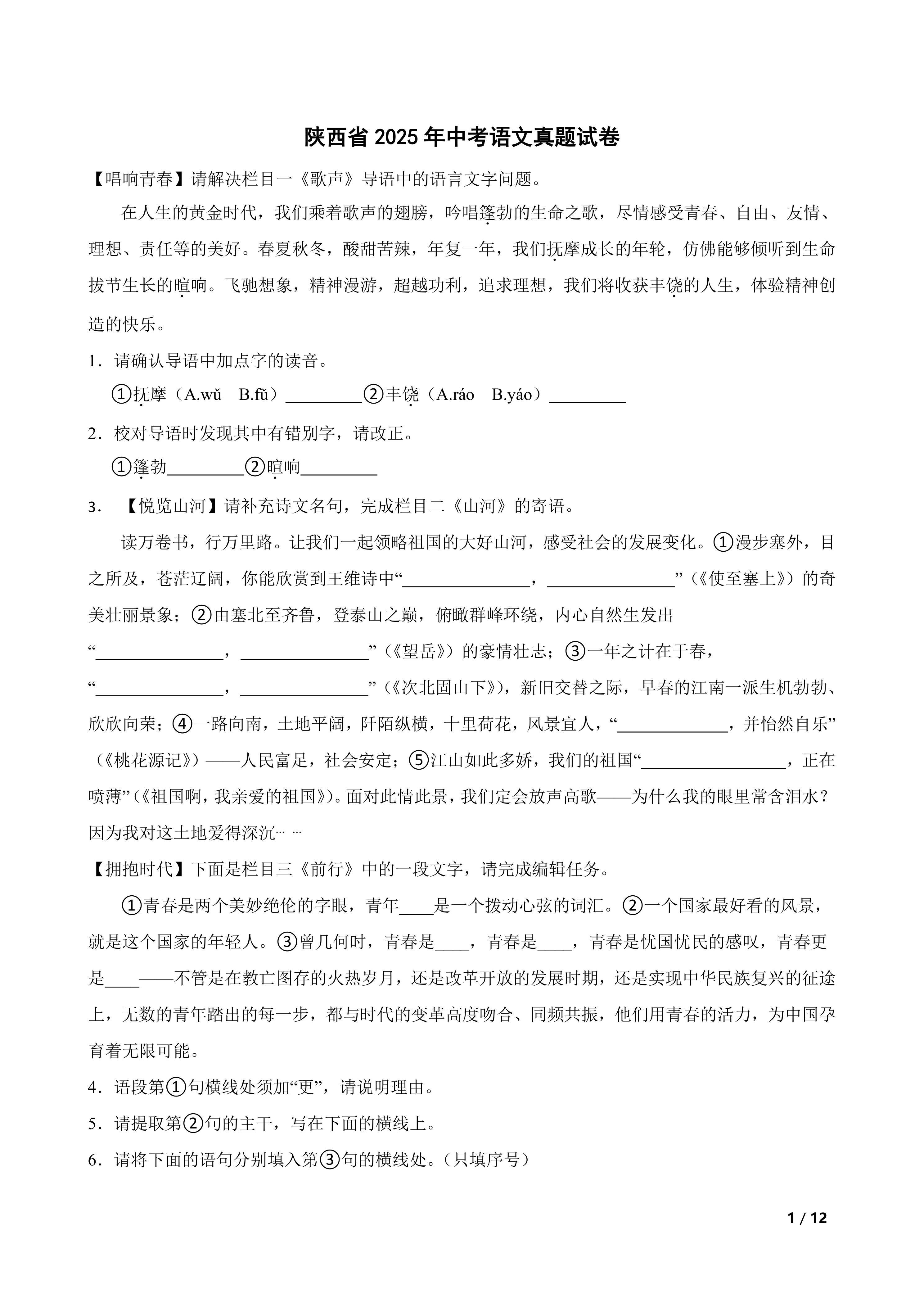 [中考真题]陕西省2025年中考语文真题试卷